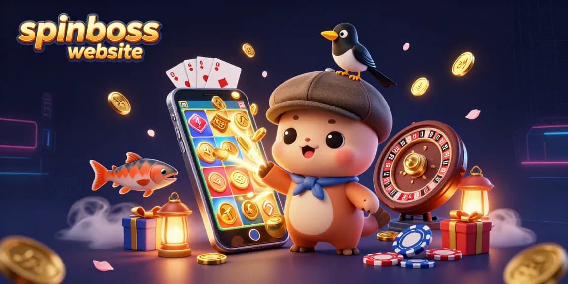 Spinboss website showcases a vibrant 3D casino scene with characters engaging in thrilling games.