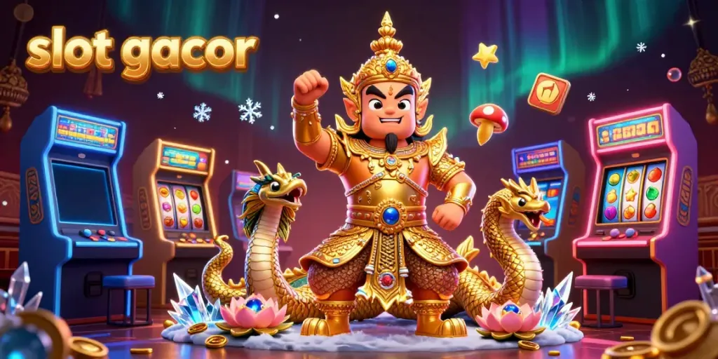 Experience thrilling slot gacor action with vibrant casino game elements and mythical guardians in a vivid 3D illustration.