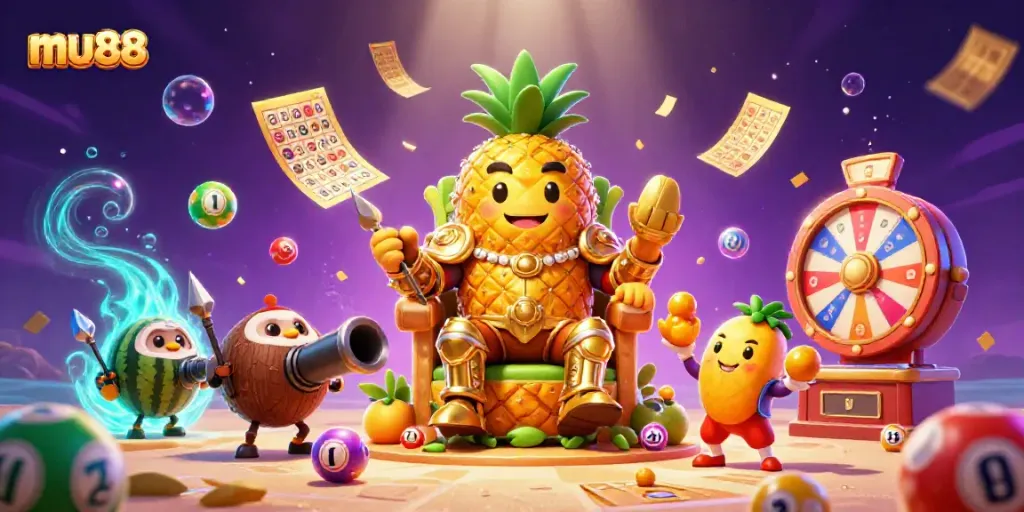 Experience the excitement of mu88's online casino environment with vibrant characters and game elements.