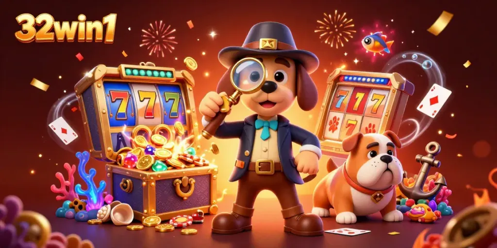 Engage with 32win1's thrilling gaming experience featuring a detective discovering poker chip clues.