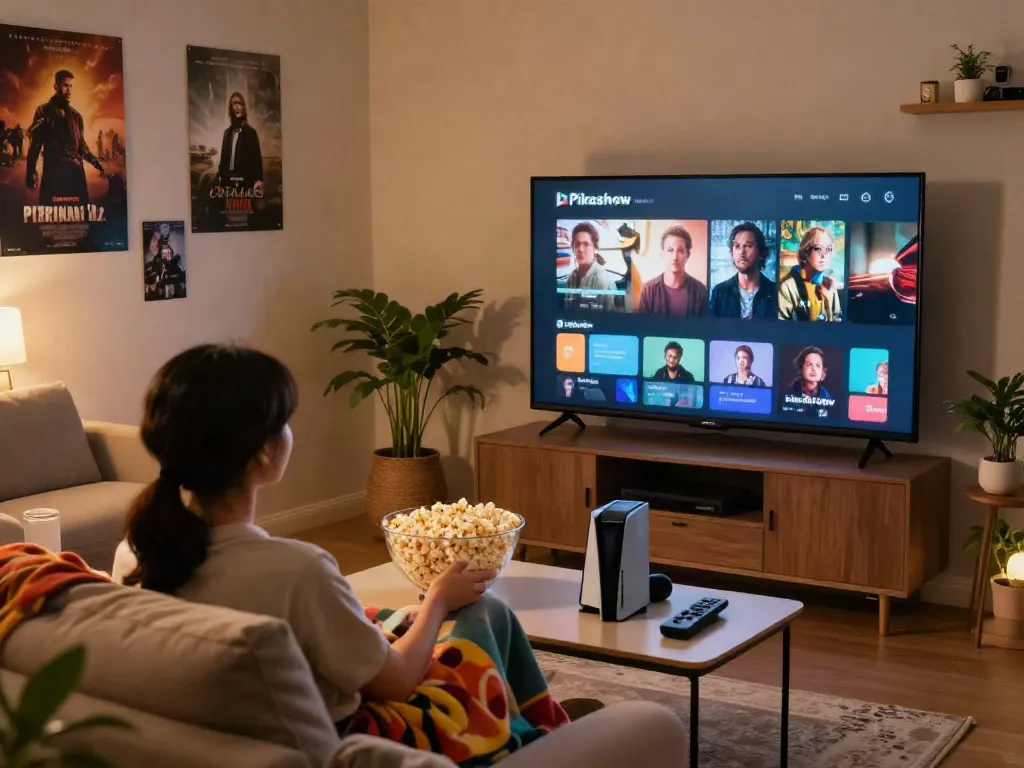 Streaming movies on Pikashow in a cozy living room atmosphere with a smart TV.