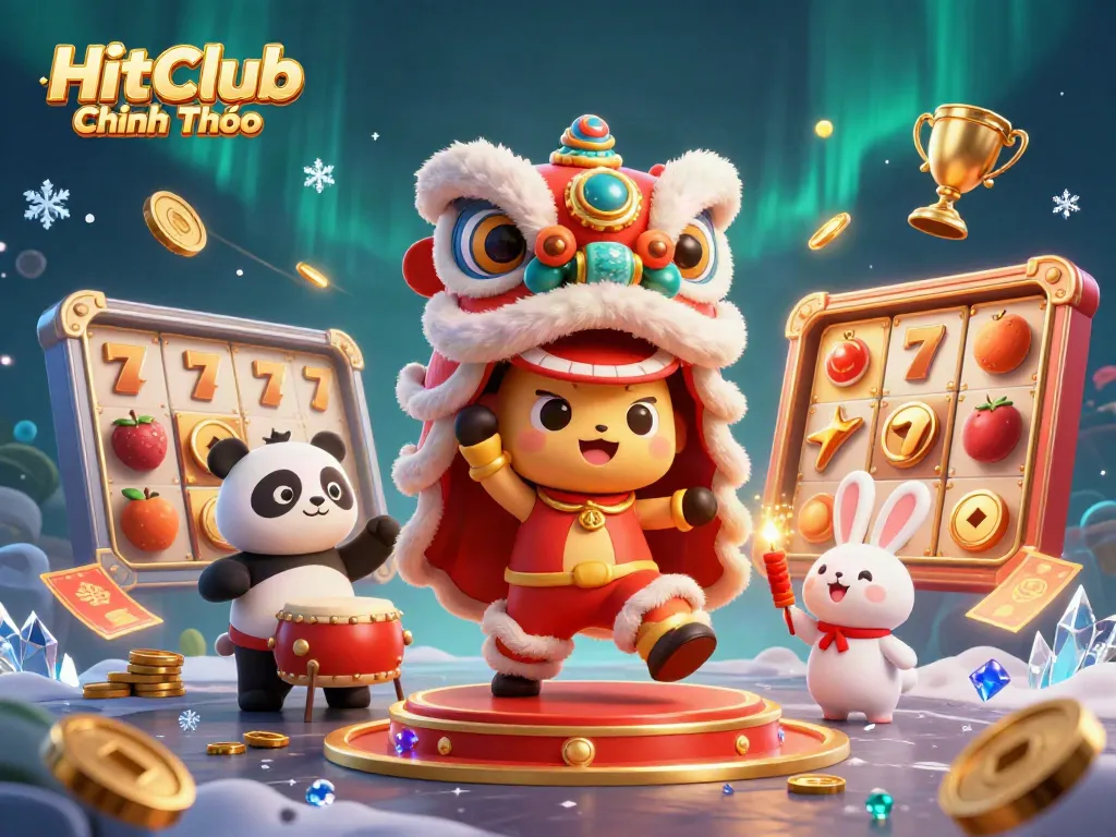 Experience winning moments with HitClub Chính Thức in this vibrant 3D illustration featuring festive characters and gaming elements.