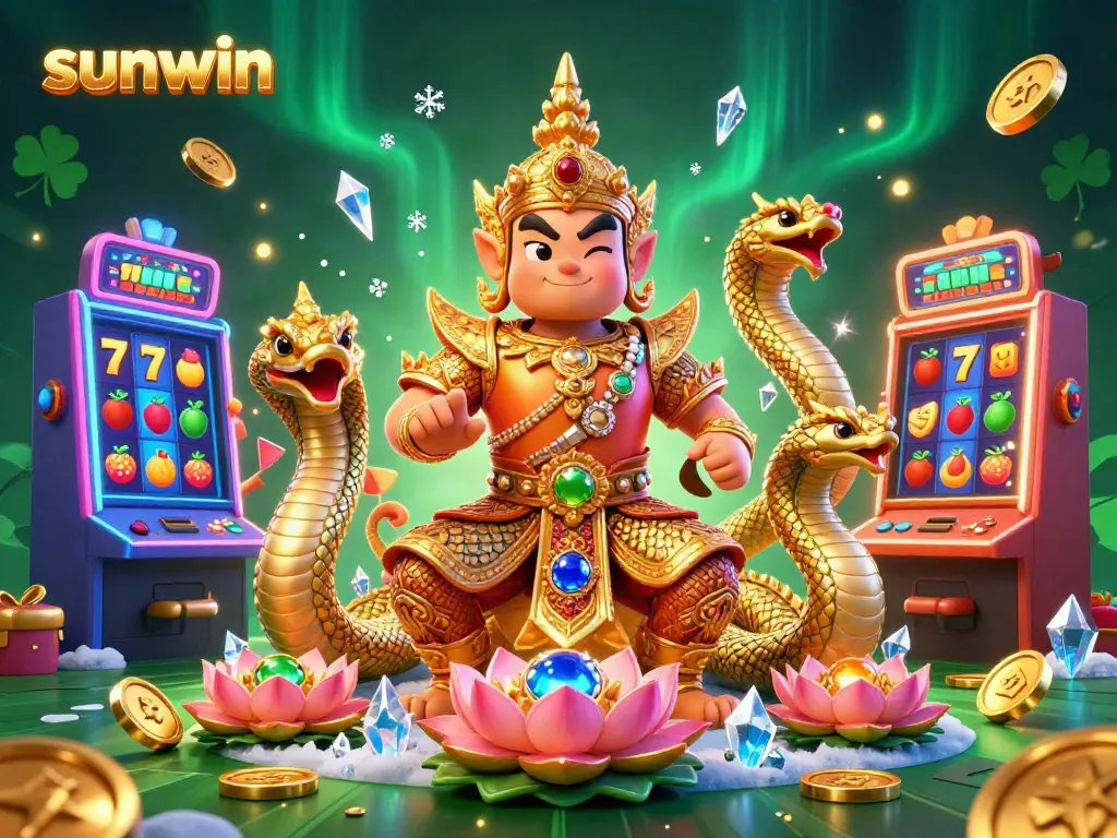 Win big with sunwin at this vibrant casino scene featuring golden guardians and colorful slot machines.