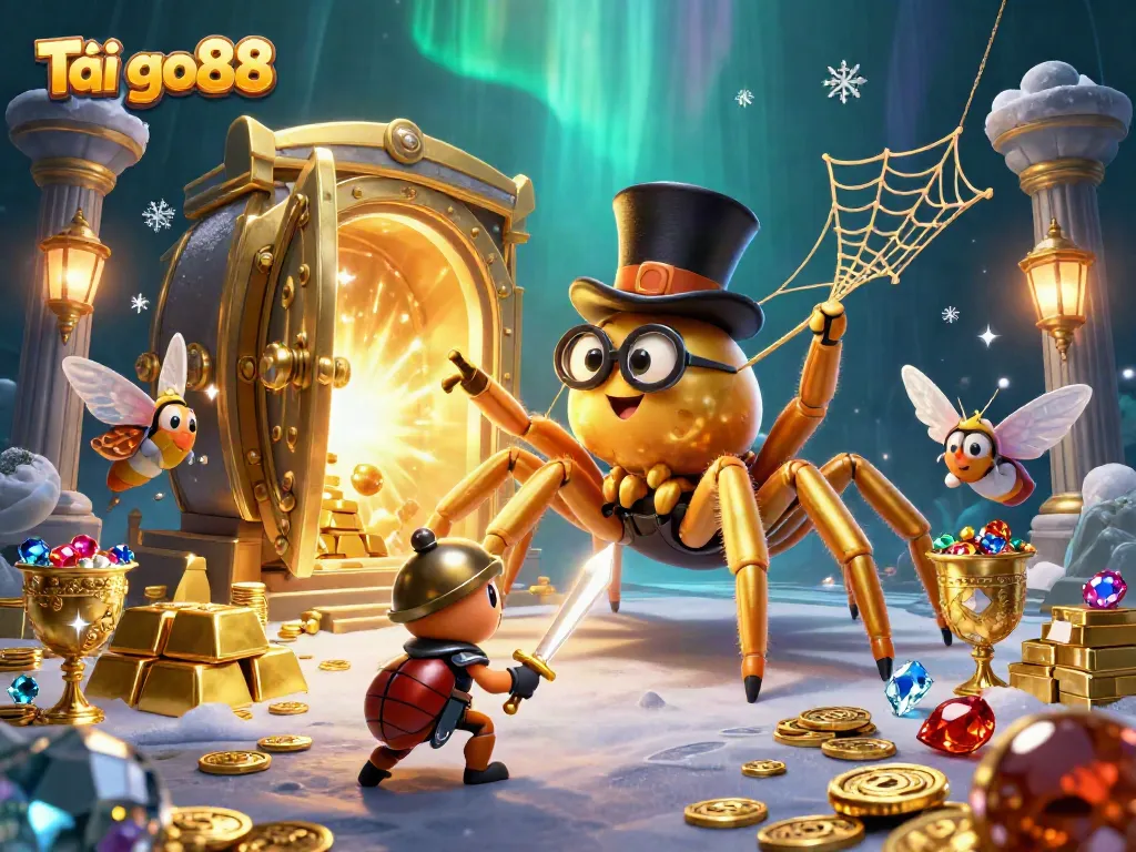 Engage in thrilling adventures with Tải go88 featuring a whimsical scene of a tarantula weaving golden web.
