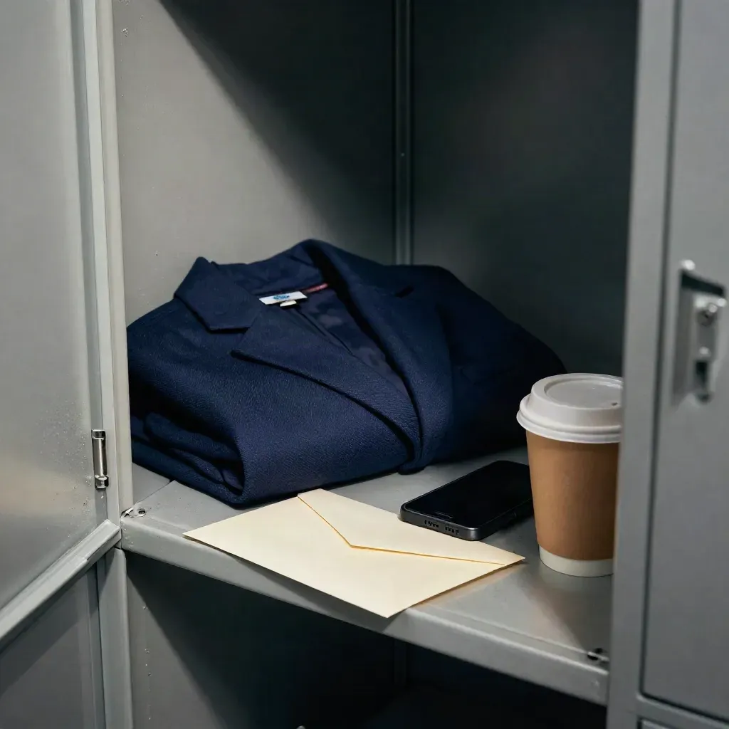 Open locker met blazer, telefoon, envelop en koffiebeker in koel licht