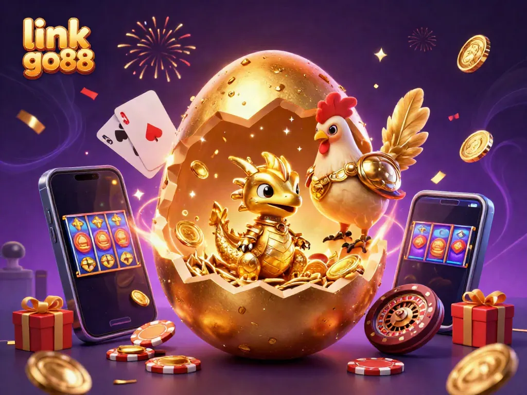 Experience the excitement with link go88 in this vibrant illustration of a golden dragon amidst casino elements.
