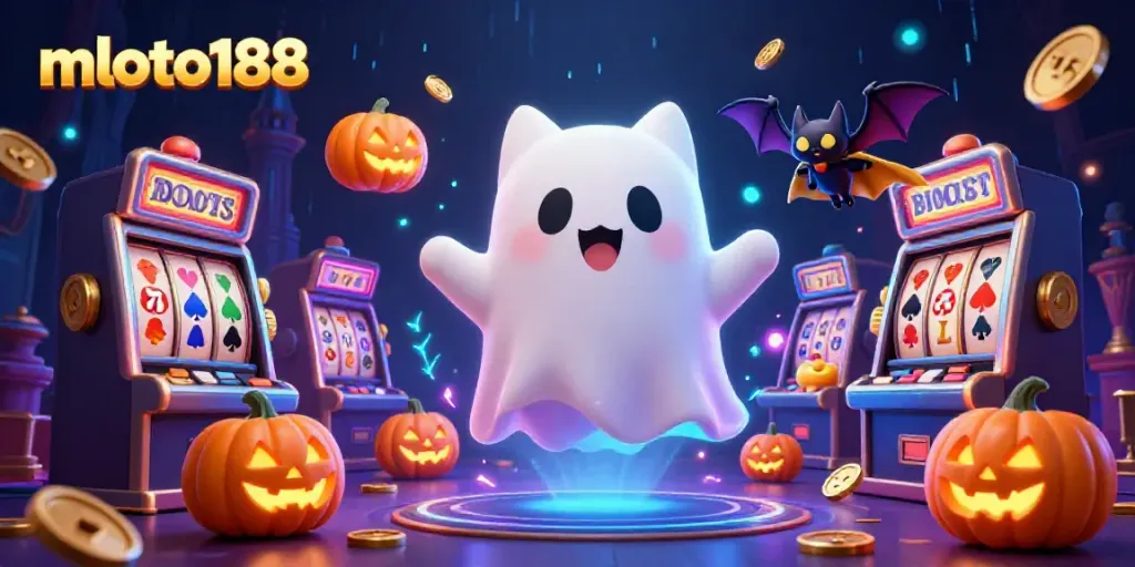 Engage in the magical world of mloto188 with a ghost cat and vampire bat amidst a dynamic casino setting.