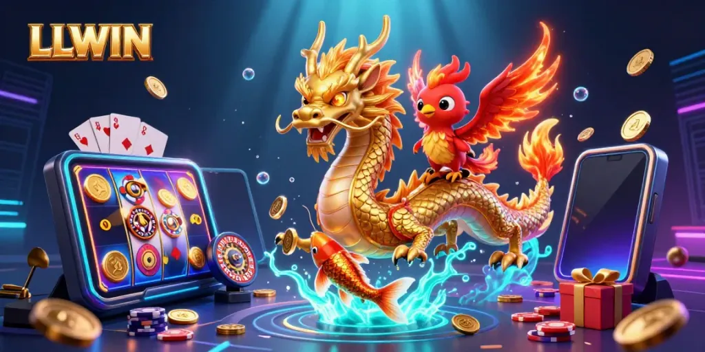 Engage in thrilling gaming adventures with LLWIN featuring a dynamic dragon, phoenix, and koi fish illustration.