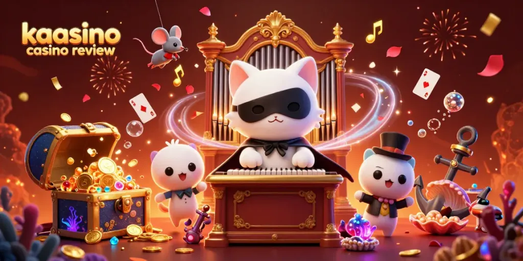 Kaasino casino review showcasing an illustrated scene of a whimsical cat and mouse, symbolizing online gaming excitement