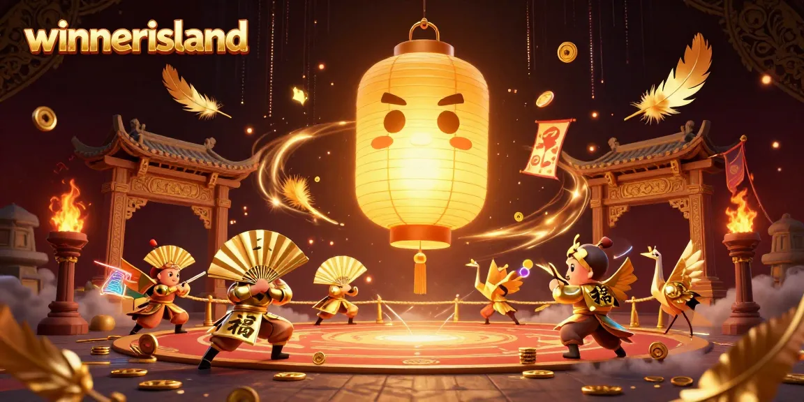 Experience the excitement at winnerisland, featuring vibrant golden lanterns and dynamic casino elements.
