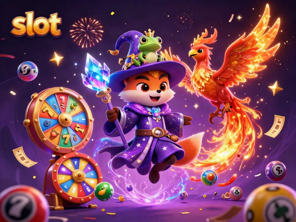 Experience luck and excitement with slot-themed characters and dynamic elements in a magical casino scene.