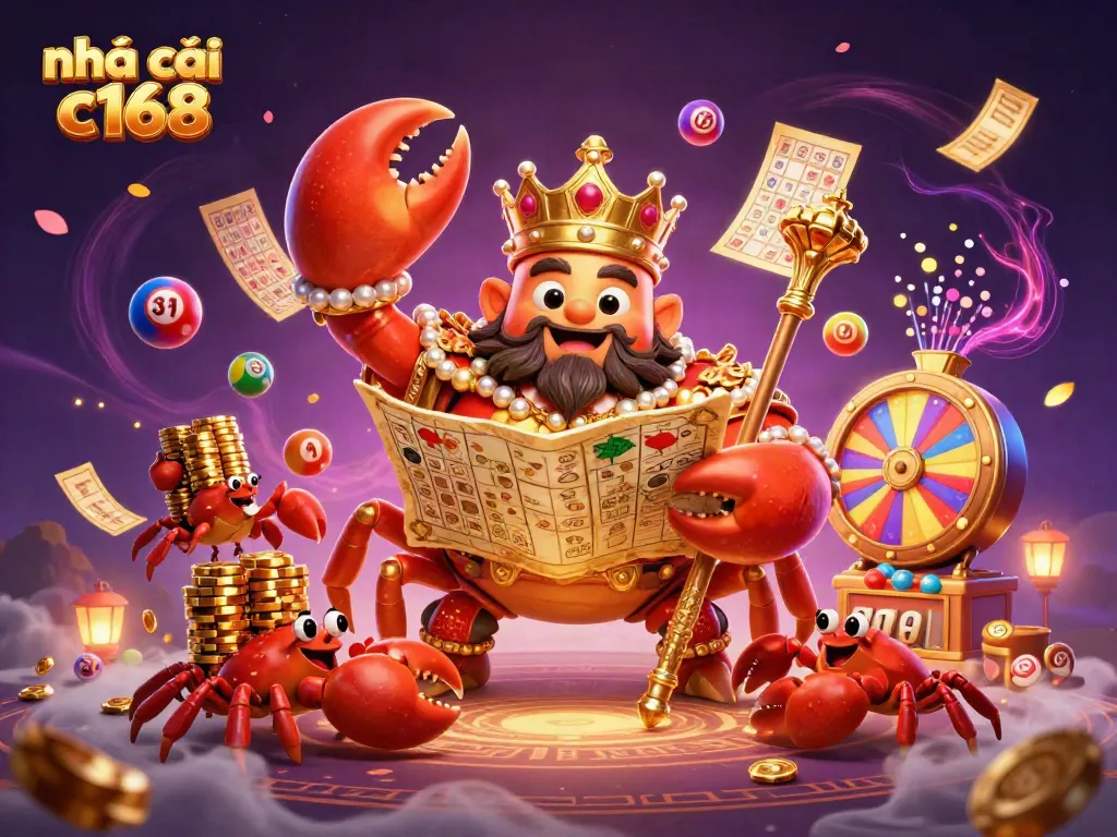Engage with the exciting world of nhà cái c168, featuring a golden crab emperor amidst dynamic casino elements.