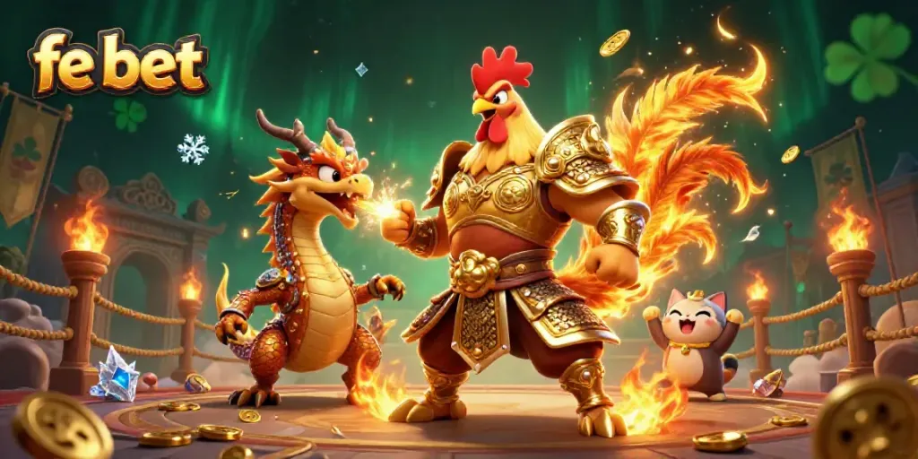 Experience thrilling action at fe bet, featuring a fierce rooster warrior in dynamic combat with a dragon hatchling.