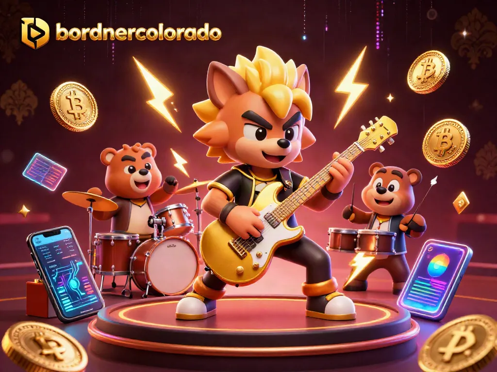 Win big at bordnercolorado with a thrilling casino scene featuring rock star characters and crypto elements.