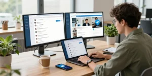Focused user engaging with the Telegram Web Version on a laptop in a modern workspace.