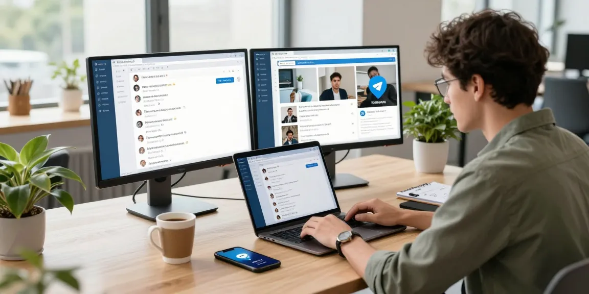 Focused user engaging with the Telegram Web Version on a laptop in a modern workspace.